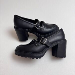 Report Dahlia Black Lug Chunky Block Heel Loafer Shoes Size 9.5 Buckle Details